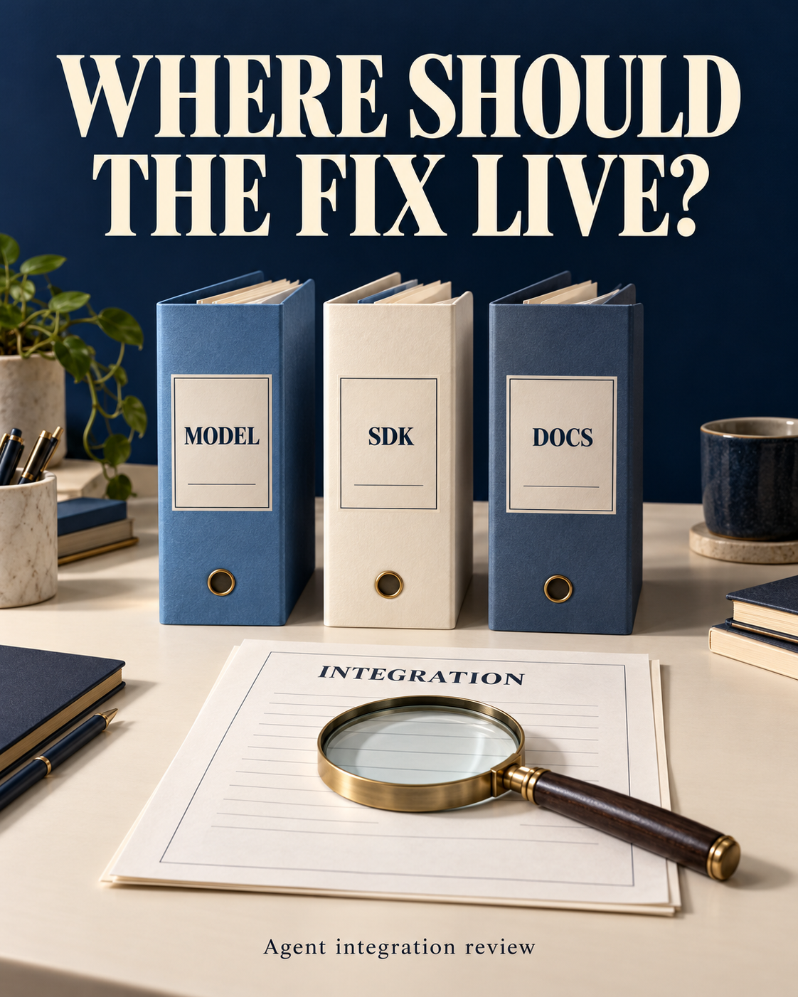 Three binders labelled MODEL, SDK and DOCS beneath “Where should the fix live?”, with a magnifying glass on an integration review document.