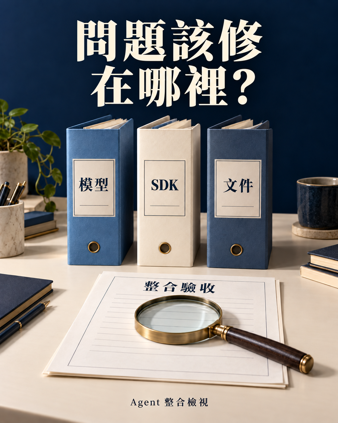標題「問題該修在哪裡？」下方有標示模型、SDK 與文件的三本資料夾，放大鏡放在整合檢視文件上。