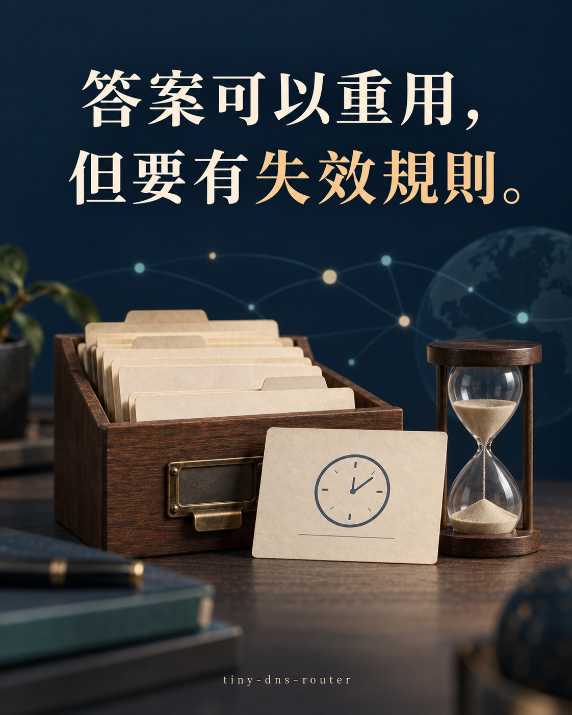 卡片收納盒、帶時鐘的卡片與沙漏。圖中文字：答案可以重用，但要有失效規則。