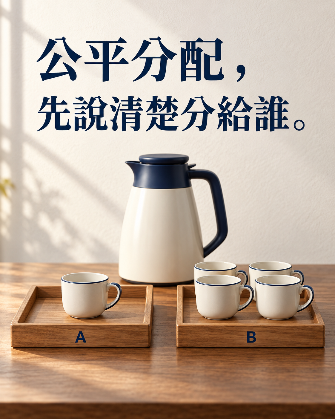 共用咖啡壺，A 托盤一只杯子、B 托盤四只杯子。圖中文字：公平分配，先說清楚分給誰。