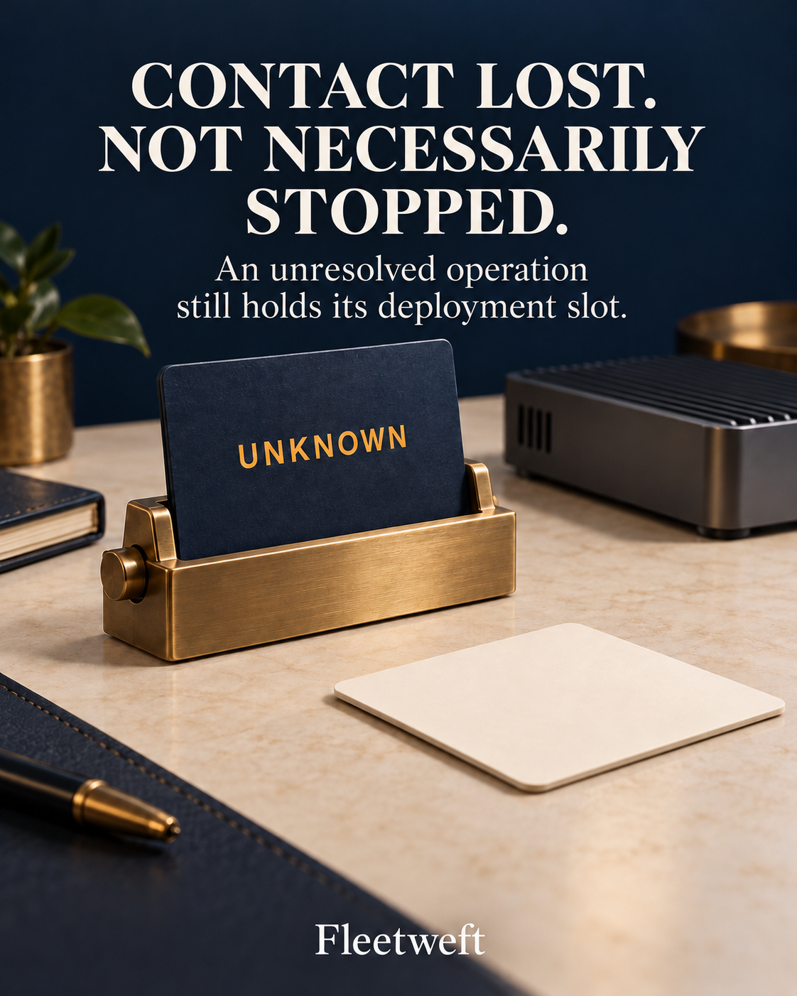 Fleetweft conceptual illustration: an UNKNOWN card remains in a brass holder beside an edge computer and a blank card. The headline reads “Contact lost. Not necessarily stopped.” The subtitle says an unresolved operation still holds its deployment slot.