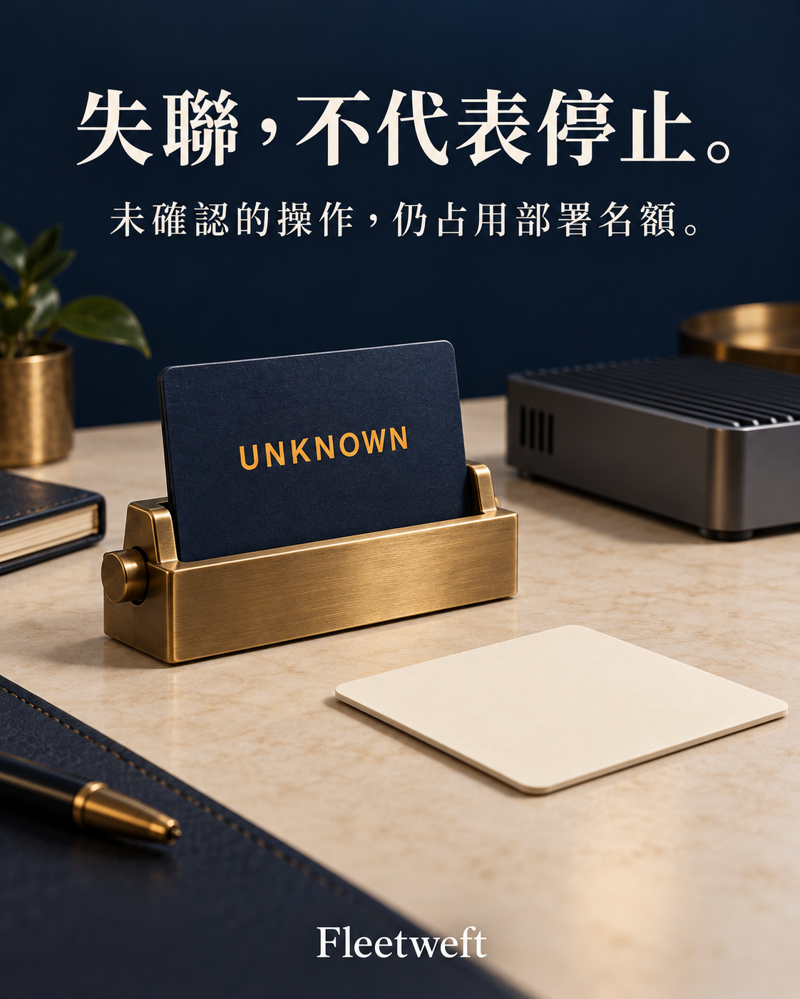 Fleetweft 主題示意圖:UNKNOWN 卡片仍插在黃銅卡座,旁邊是邊緣電腦與空白卡片;上方文字為「失聯,不代表停止」,副標為「未確認的操作,仍占用部署名額」。