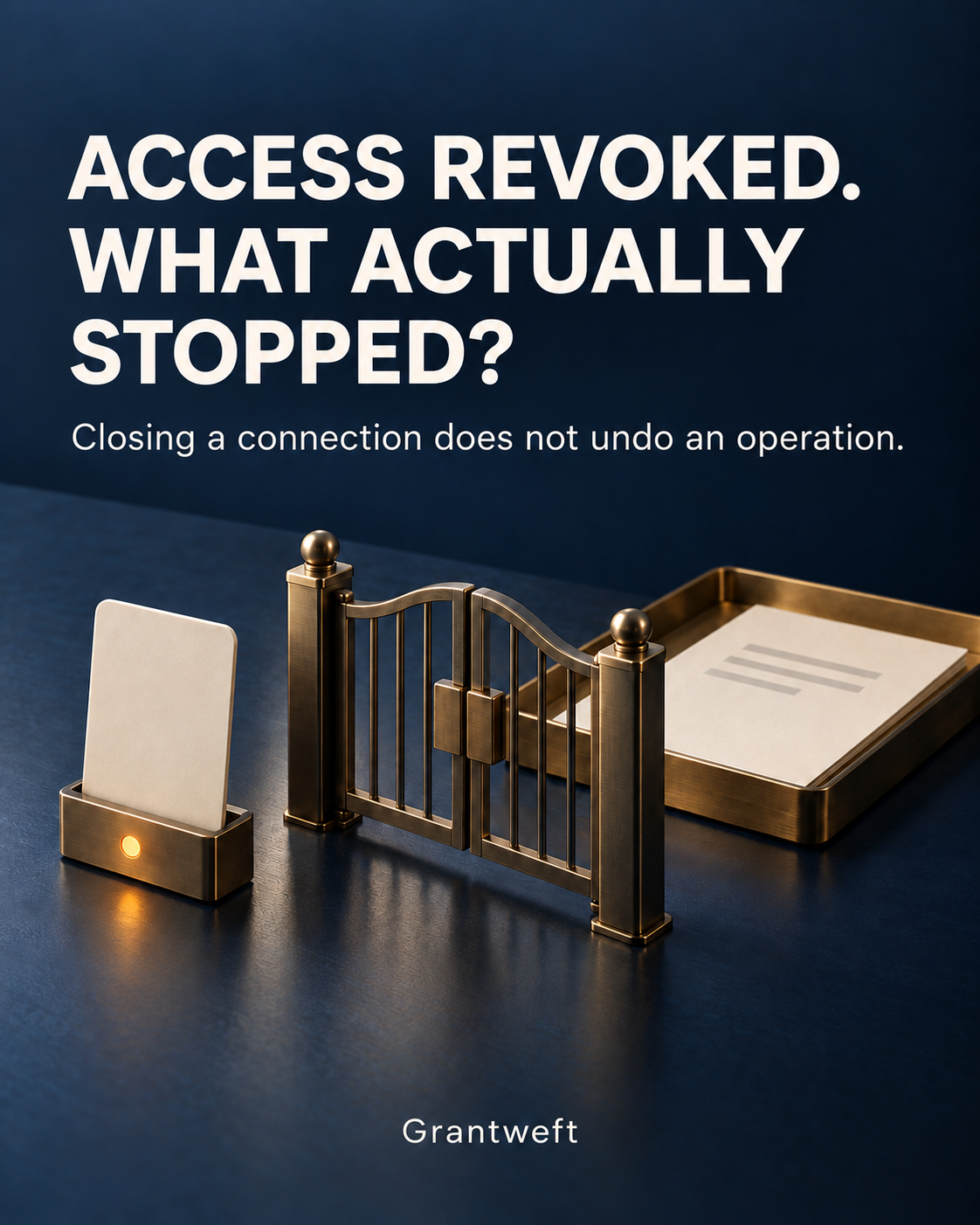 Grantweft concept illustration: a closed brass gate, access card reader and a tray with paper already beyond the gate. Closing a connection does not undo an operation.