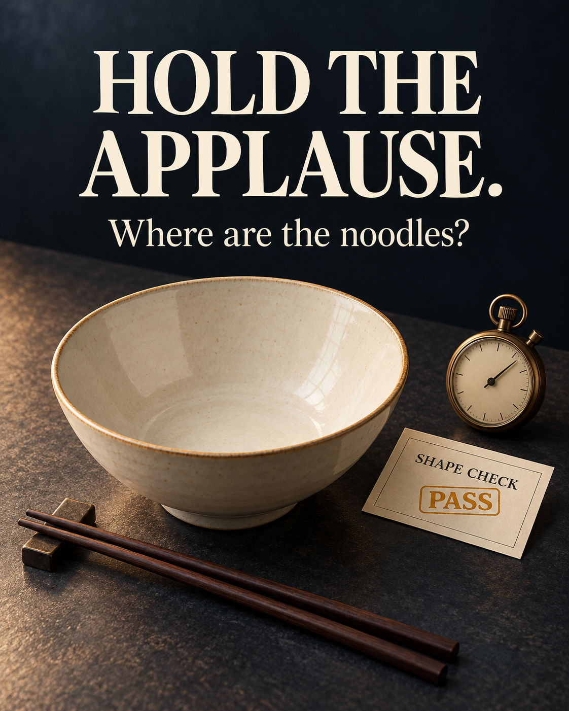 空碗、碼表與寫著 SHAPE CHECK PASS 的檢查卡；圖上寫著 Hold the applause. Where are the noodles?