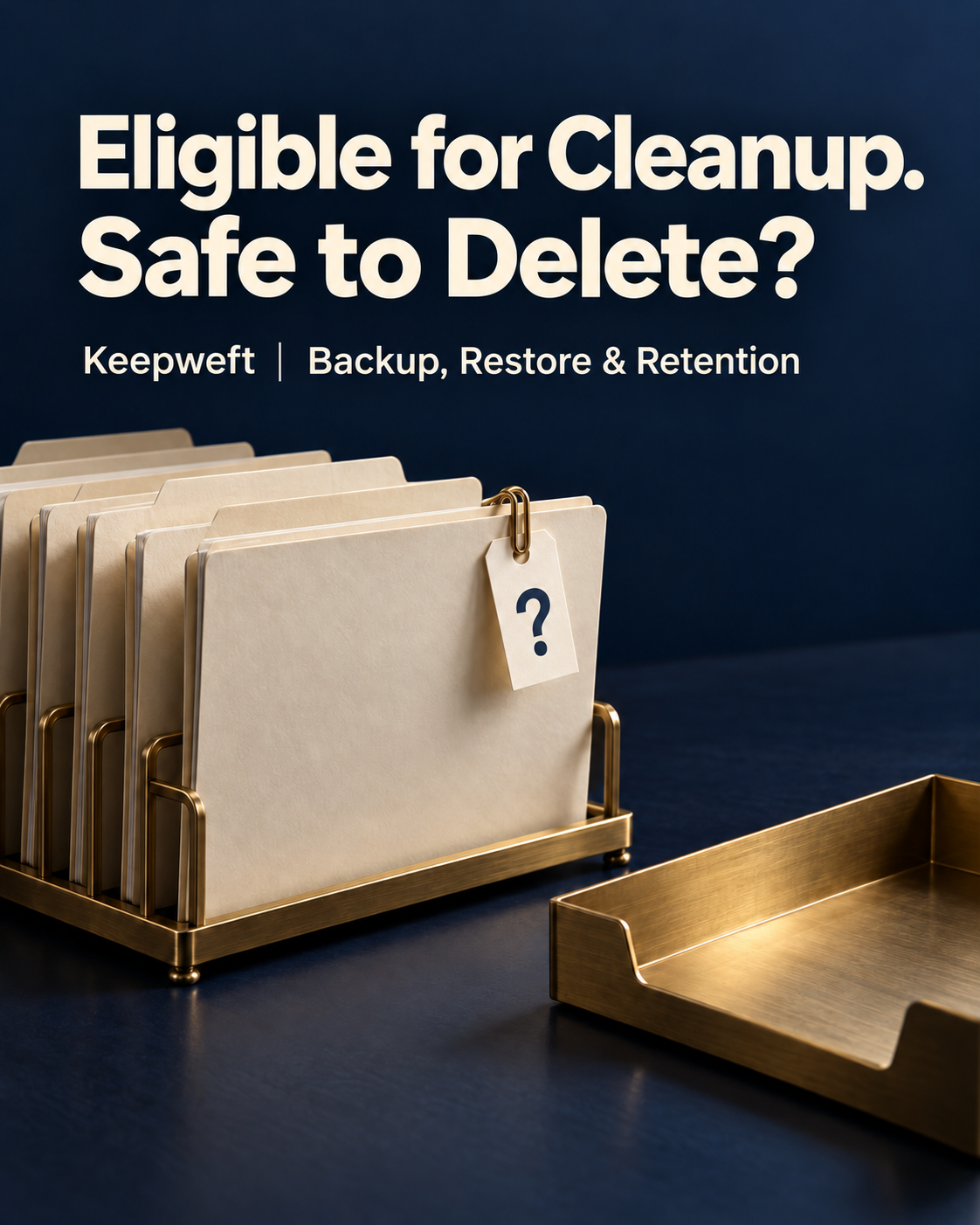 Keepweft concept illustration: paper folders in a brass rack, a question-mark tag and an empty tray. Cleanup eligibility still needs dependency and deletion checks.
