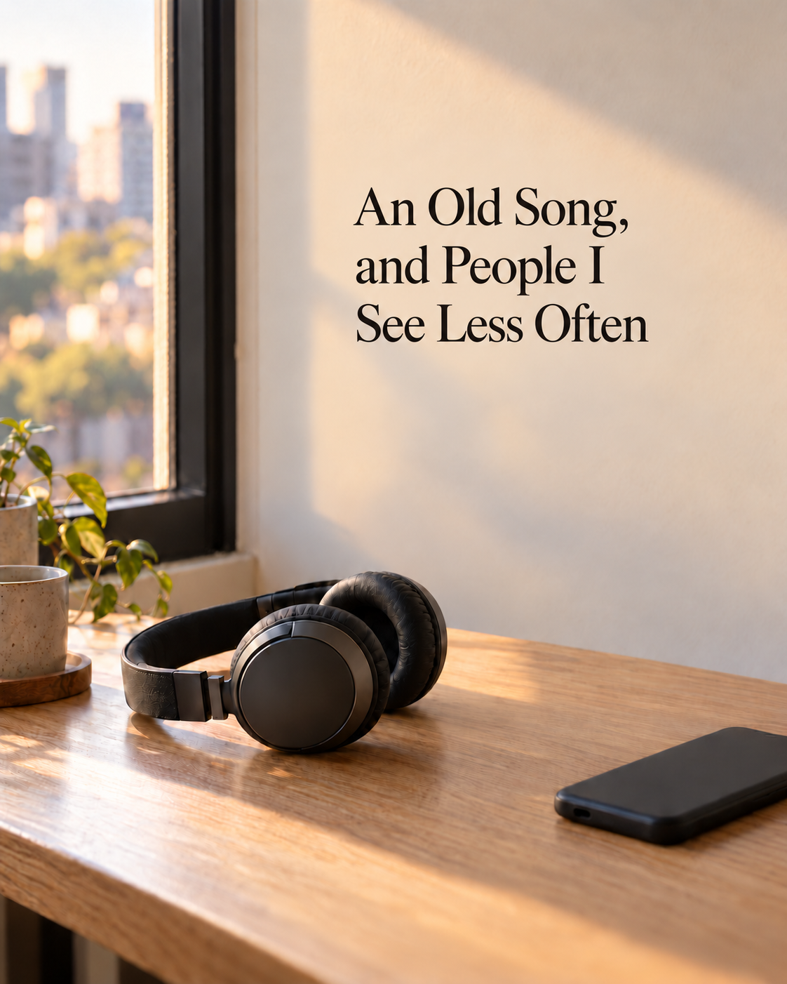 Illustration: wireless headphones and a phone on a wooden desk by a sunlit window, with the article title on the wall.