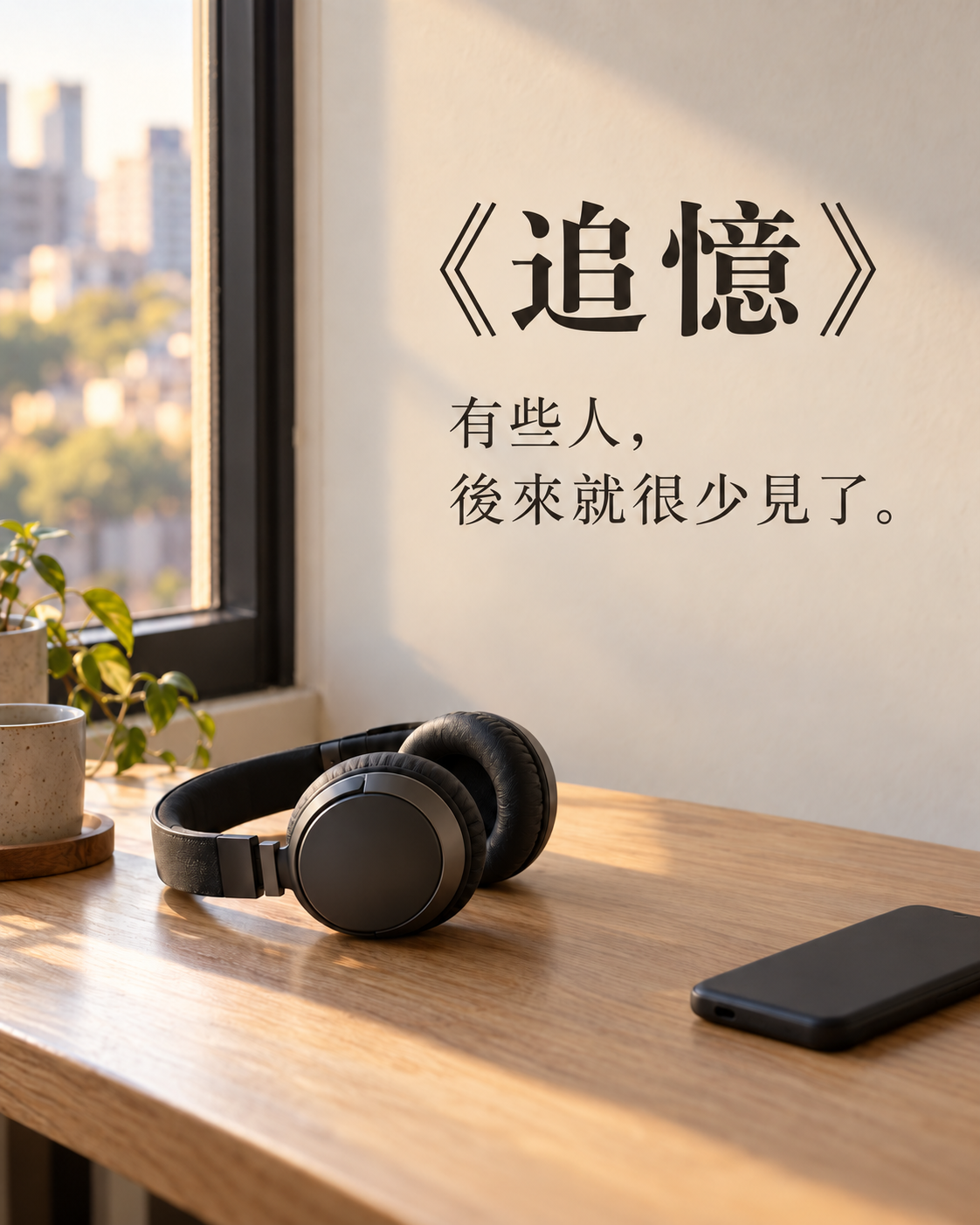 情境插圖：窗邊木桌上的無線耳機與手機；牆面題字為「《追憶》：有些人，後來就很少見了。」