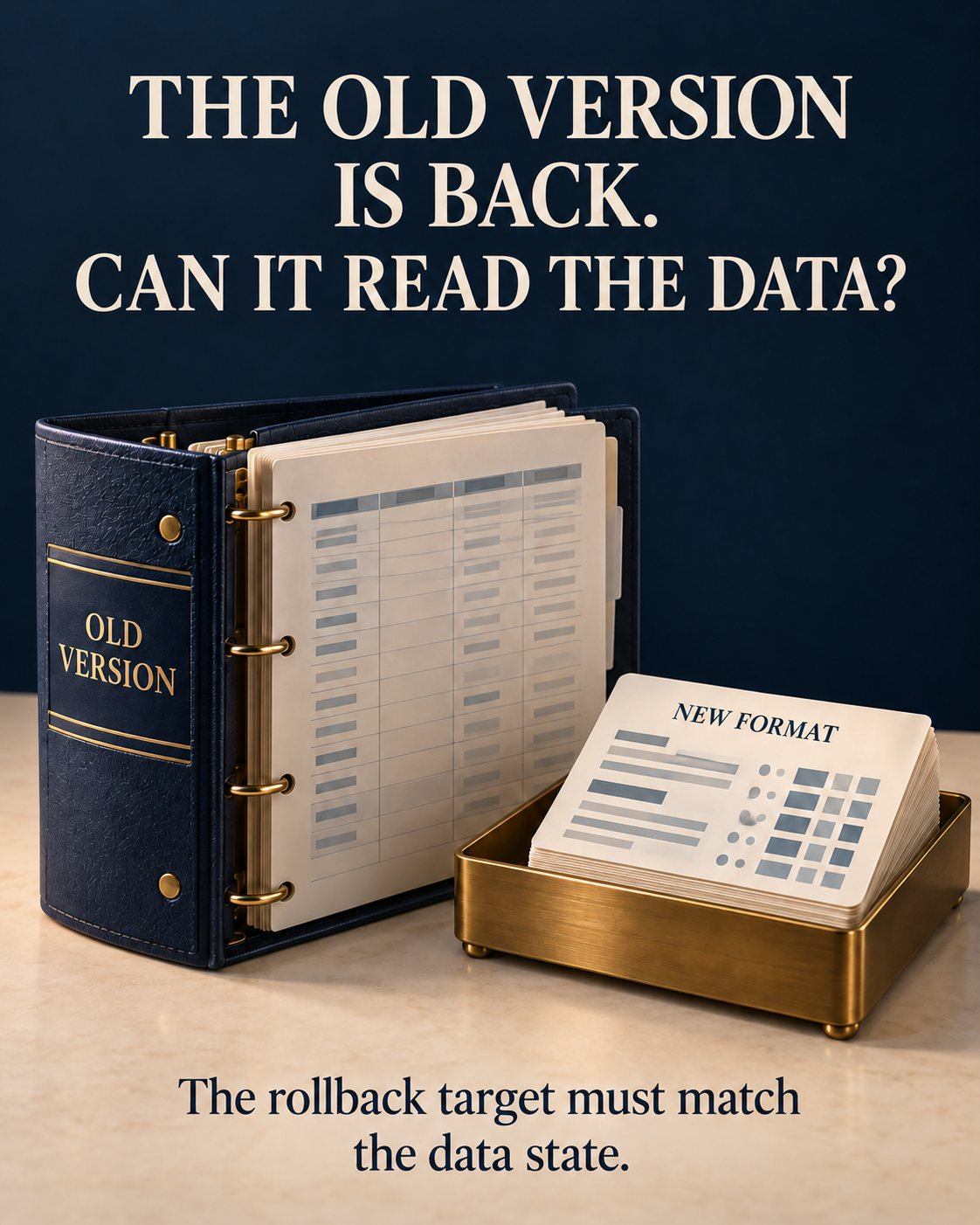 An old-version binder beside new-format data cards, illustrating why restored software must handle the current data state.