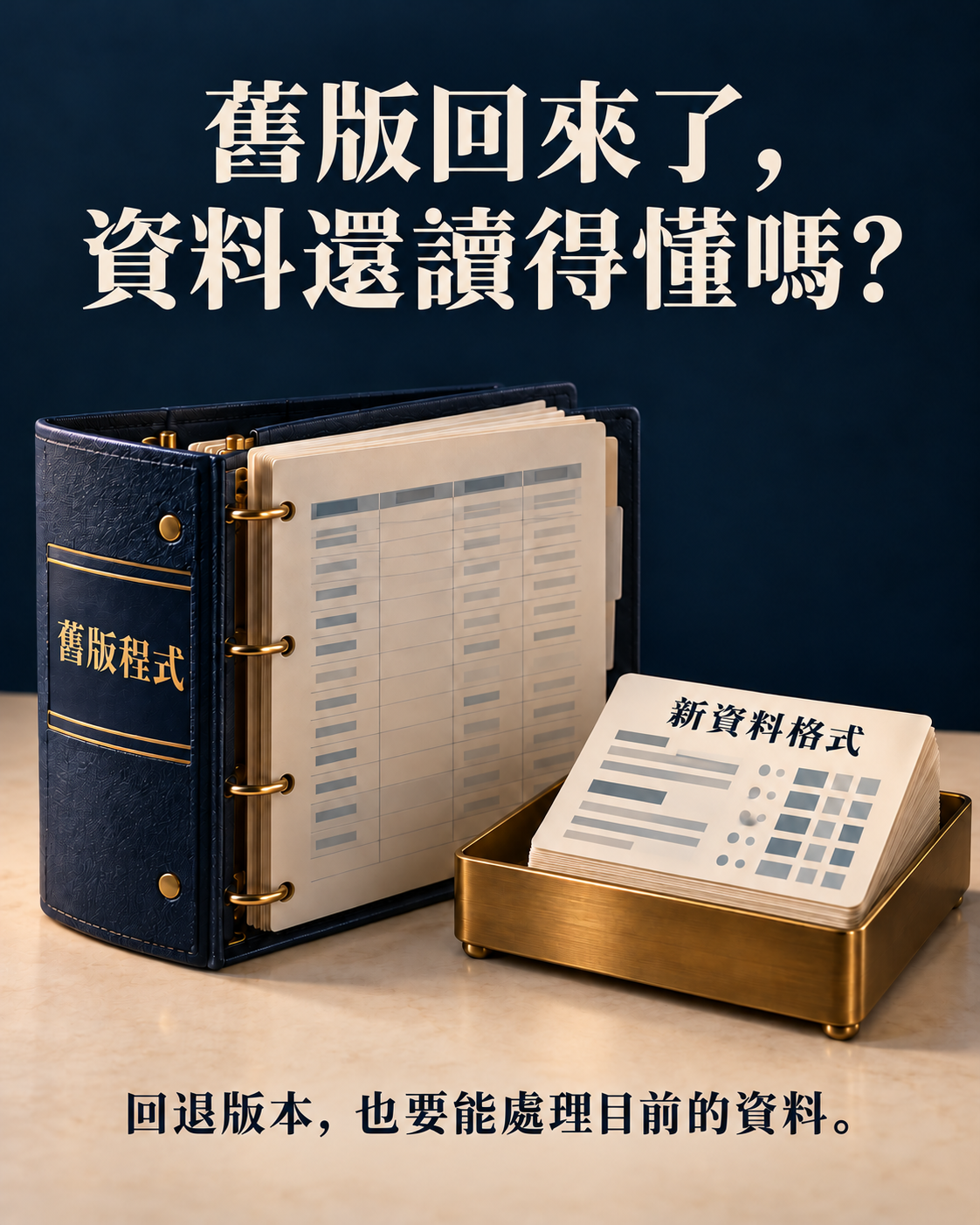 舊版程式資料夾與新資料格式卡片，示意程式回退後仍須處理目前的資料。