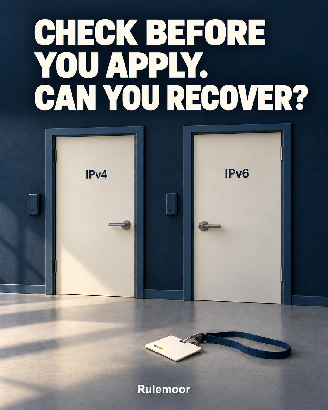 Two doors labeled IPv4 and IPv6 with separate badge readers; an access badge lies outside. Headline: Check before you apply. Can you recover?