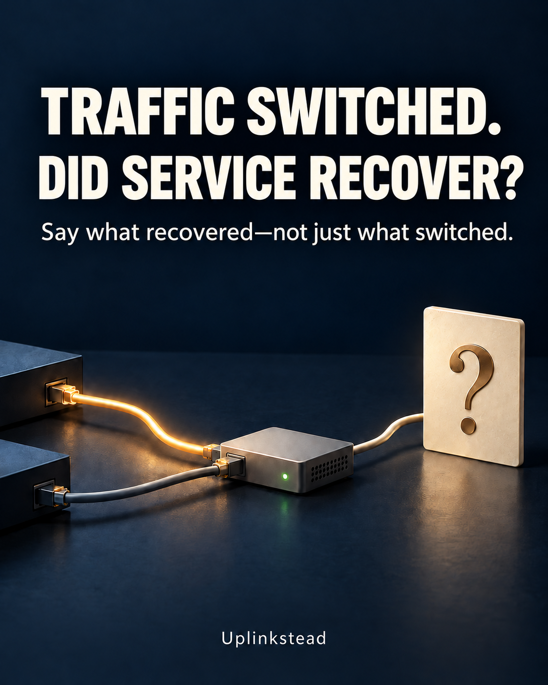 Uplinkstead concept illustration: two uplink cables connect to a router with a green light, and another cable leads to a question-mark card. Switching does not establish service recovery.