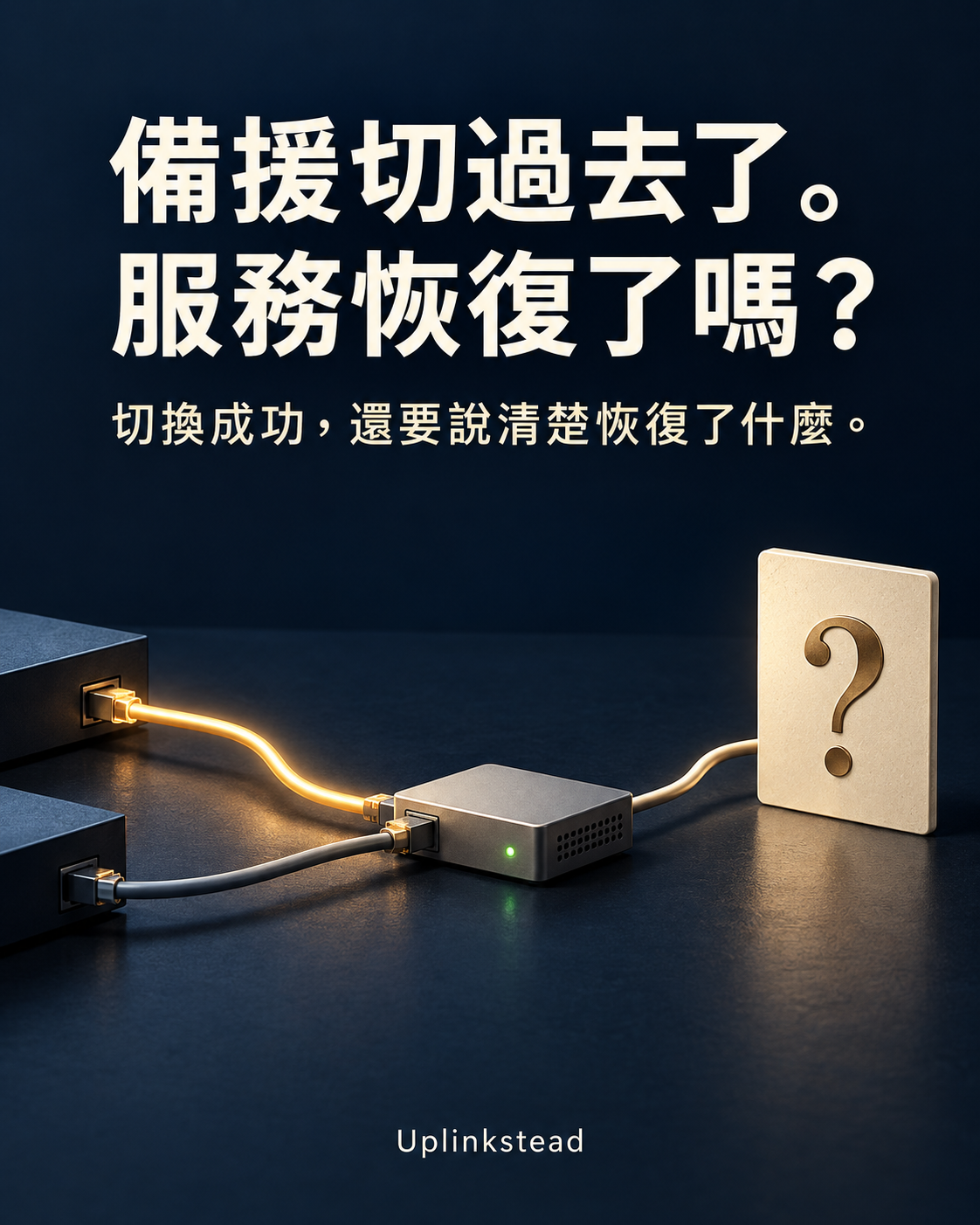 Uplinkstead 概念插畫:兩條上行線路接到亮著綠燈的路由器,另一條線通往問號卡片;切換不等於服務已恢復。